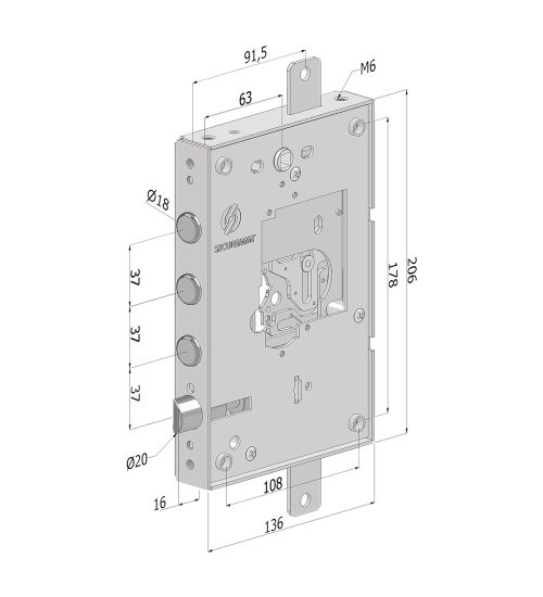 SERRATURA DA APPLICARE TRIPLICE PER PORTE BLINDATE SENZA NUCLEO '250' interasse pistoni 28 mm  - DX